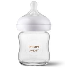 a glass baby bottle with the words philipss avent on it's side