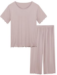 PRICES MAY VARY. 🌙【Fabric】: Super Cooling pajama set for women comprise 95% viscose made from bamboo and 5% spandex. Lightweight, silky and durable, you can hardly feel its existence while wearing. Moisture wicking fabric is perfect for people who suffer from night sweats. 🌙【Features】: Classic bamboo viscose pajamas style sleepwear. Design features of t-shirt short sleeve top and capri pjs set. Thanks to the better fabric makes the pajamas have a very smooth touch and skin-friendly. You can we Summer Viscose Sleepwear For Loungewear, Summer Sleepwear In Viscose, Summer Viscose Sleepwear, Summer Viscose Loungewear Set, Capri Shorts, Pyjama Set, Pajama Pant, Ruffle Shorts, Pants Design