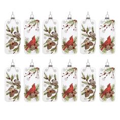 six christmas tags with red birds and pine cones hanging from the top of each one