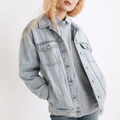 Brand New In A Size A Size Extra Small. Sold Out Online. Great Denim Jacket That Has An Oversized Fit. Can Fit A Small Person Was Well. Oversized Fall Denim Jacket For Everyday, Oversized Washed Denim Outerwear, Oversized Washed Blue Outerwear With Pockets, Classic Washed Blue Button-up Outerwear, Oversized Washed Long Sleeve Outerwear, Washed Blue Button-up Outerwear For Streetwear, Oversized Washed Outerwear For Fall, Light Wash Outerwear For Everyday Spring Wear, Relaxed Fit Washed Blue Outerwear With Button Closure