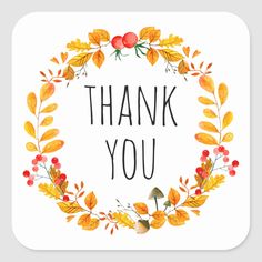 the words thank you are surrounded by autumn leaves and acorns on a white background