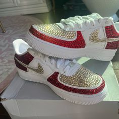 These Hand Placed Rhinestone Air Force 1 Are Gorgeous. Size 7y Equivalent To Women’s Size 8.5. Beautifully Crafted And Sparkly Game Day Ready Rhinestone Air Force Ones, Red And Gold Heels Quince, Luxury White Sneakers With Rhinestones, Luxury Custom Sneakers With Rhinestones And Round Toe, Luxury White Custom Sneakers With Rhinestones, White Low-top Sneakers With Rhinestone Rivets, Luxury Bedazzled White Sneakers, White Custom Sneakers With Rhinestones And Round Toe, Rhinestone Things