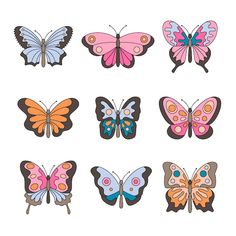 six different colored butterflies with one butterfly on it's back and the other in pink,