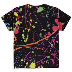 a black t - shirt with colorful paint splatters all over the front and back