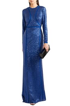 Inspired by oceanic hues and shimmering water, Elie Saab's gown is saturated with 'Pacific Blue' sequins that beautifully catch the light. This silk-blend piece is cut for a close, figure-hugging fit and spliced with tulle panels that are cleverly placed to slim your frame. Wear it to galas, awards ceremonies and formal events with an updo and simple black or metallic accessories. Princess Marie wore the gown in a sleeveless version. This floor length gown clings close to the body. It is crafted Festive Evening Gown With Contrast Sequin, Festive Blue Gown For Gala, Festive Blue Gala Gown, Glamorous Blue Gown For Evening, Blue Sequin Dress For Wedding, Glamorous Blue Evening Gown, Glamorous Blue Embellished Gown, Blue Sequined Gown For Gala, Blue Embellished Gown For Party Season