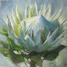 a painting of a large flower with green leaves