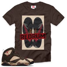 "Icicle 7 Sole T-Shirt with print on a premium 100% cotton true to size regular classic fit available in chocolate / natural / black short sleeve t-shirt design for the Air Jordan 7 Retro \"PATTA\" 2019. Wear this comfortable short sleeve T-shirt on any occasion. (sneakers shown not included) REDRUM CLOTHING is a independent sneaker based lined to compliment all Jordans/Foamposite or any shoe we do not have any affiliation with Air Nike/Jordan brand. True to size Regular fit T-shirt 100% cotton, Brown Crew Neck T-shirt With Logo Print, Sporty Brown Short Sleeve T-shirt, Brown Graphic Tee With Logo Print, Brown Short Sleeve T-shirt With Graphic Print, Brown Graphic Print T-shirt With Short Sleeves, Pre-shrunk Brown Crew Neck T-shirt, Brown Graphic Tee For Streetwear, Brown Pre-shrunk Graphic Tee T-shirt, Sporty Brown Cotton T-shirt