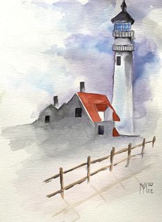 a watercolor painting of a lighthouse in the snow with a red roof and fence