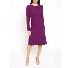 Make a statement with Safiro's Amethyst long sleeve dress. Crafted from stretch wool and silk satin lining, this form-fitting dress will highlight your feminine curves. Its structured lines accentuate hips and shoulders, while the amethyst colour adds elegance. Perfect for work or evening celebrations, this dress combines comfort, glamour, and confidence. Made with high-quality fabrics and sophisticated detailing, it's designed for the woman who enjoys comfort and luxury. Upper: 95% fine wool, 5 Purple Long Sleeve Dress For Formal Occasions, Purple Long Sleeve Formal Dress, Purple Long Sleeve Midi Dress For Evening, Purple Long Sleeve Dinner Dress, Purple Formal Dress For Fall, Elegant Long Sleeve Purple Dress, Elegant Purple Midi Dress For Dinner, Dress With Sleeves, Fitting Dress