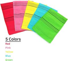 five colors of napkins on white background with text that reads 5 colors red, pink, yellow, blue, green