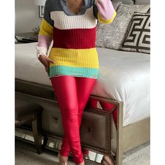 Color Block Sweater Trendy Chunky Knit V-neck Long Sleeve Sweater, Casual Stretch Knitted V-neck Sweater, Trendy Ribbed Sweater For Layering, Trendy Chunky Knit Sweater For Loungewear, Multicolor Long Sleeve Casual Sweater, Casual Multicolor Long Sleeve Sweater, Casual Multicolor Winter Sweater, Red Sweater For Spring Loungewear, Trendy Multicolor Sweater For Layering