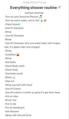 Full Shower Routine Checklist, Self Care Shower Routine List, Selfcare Shower Routine, Shower Routine Notes, How To Get Better Hygiene, Everything Shower List Of Things To Do, Clean Girl Lifestyle Tips, Everything Shower Routine In Order, Glow Up Shower Routine