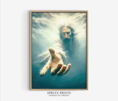 a painting of jesus floating in the water with his arms stretched out and feet spread out