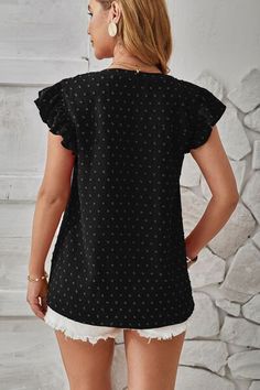 Features: Ruffled Sheer: Opaque Stretch: No stretch Material composition: 100% polyester Care instructions: Machine wash cold. Tumble dry low. Imported Product measurements:S:Top Length 25.98 in, Sleeve Length 3.35 in, Bust 37.40 inM:Top Length 26.77 in, Sleeve Length 3.46 in, Bust 39.37 inL:Top Length 27.56 in, Sleeve Length 3.58 in, Bust 41.34 inXL:Top Length 28.35 in, Sleeve Length 3.70 in, Bust 44.49 in2XL:Top Length 29.13 in, Sleeve Length 3.82 in, Bust 47.64 in About Us: Welcome to Lizzie' Black Ruffled Crew Neck Top, Black Ruffled Crew Neck T-shirt, Black Ruffled Short Sleeve Tops, Black Cotton Ruffle Sleeve Top, Black Short Sleeve Top With Ruffles, Black Cotton Tops With Ruffle Sleeves, Blue Strawberry, Swimming Activities, Flare Top