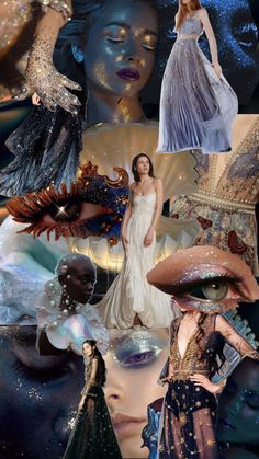 Celestial themed clothing, makeup, sparkles, dreamy watery themes, stars, night time, emotional, fluid, otherworldly fashion beauty and scenery Celestial Mermaid, Aesthetic Ethereal, Ethereal Essence, Mermaid Vibes, Mood Board, Mermaid, Essence, Collage, Dresses