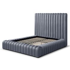 an upholstered bed frame in grey fabric