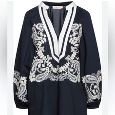 Beautiful Embroidered Design. Elegant Spring Tunic With Embroidered Neckline, Elegant White Tunic With Floral Embroidery, Embroidered Design, Navy Color, Tory Burch, Blue White, Color Blue, Blue And White, Womens Tops