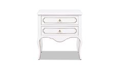 a white nightstand with two drawers and gold trimmings on the bottom, against a white background