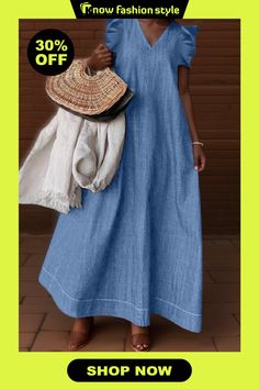 knowfashionstyle Casual V Neck Sleeveless Ruffle Trim Basic Loose Vacation Denim A Line Maxi Dresses Maxi Dresses Online, A Line Maxi Dress, Maxi Dress Online, Wholesale Fashion, Ruffle Trim, Maxi Dresses, Denim Dress, Casual Skirts, Dresses Online