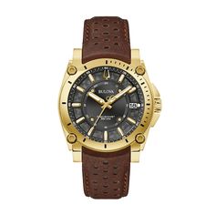 For the stylishly adventurous men, this Bulova Icon gold-toned watch with a brown leather strap and black dial is certain to make a statement. The black dial features luminous gold-toned hands and markers, a bold patterned design and a date display at 3 o'clock. 40.0mm gold-toned ion-plated stainless steel case with curved sapphire crystal Powered by Bulova's Precisionist movement with a 262kHz vibrational frequency - eight times greater than standard quartz watches - for unparalleled accuracy. Yellow Gold Leather Chronograph Watch Accessories, Yellow Gold Leather Watch Accessories With Chronograph, Gold Chronograph Watch With Round Dial For Outdoor, Business Chronograph Watch With Skeleton Dial In Brown, Brown Chronograph Watch With Skeleton Dial For Business, Business Brown Chronograph Watch With Skeleton Dial, Outdoor Leather Watch With Chronometer, Yellow Gold Leather Watch With Round Dial, Brown Chronograph Watch With Round Dial For Outdoor