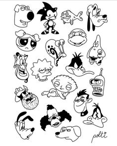 cartoon characters drawn in black and white