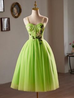 Vintage-Inspired Lime Green Floral Embroidered Homecoming Dress Elegant Green Dress With Floral Applique, Elegant Green Dress With Floral Embroidery, Green Wedding Dresses With Sweetheart Neckline, Green Dress With Fitted Bodice, Green Dresses With Boned Bodice, Fitted Green Tea-length Dress, Green Dresses With Boned Fitted Bodice, Green Dresses With Sweetheart Neckline And Lined Bodice, Green Dress With Fitted Lined Bodice