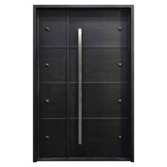 a black door with two handles and drawers