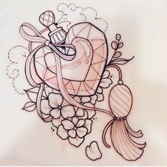 a drawing of a heart with flowers and hearts on it's side, in the middle