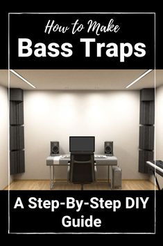 a computer desk with audio equipment in the background and text overlay that reads how to make bass traps