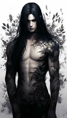 a man with long black hair and tattoos on his chest is standing in front of leaves