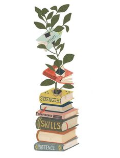 a stack of books with a plant growing out of it's top and the words strength on them