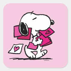 a cartoon snoopy holding envelopes with the words be mine written on it in black and pink