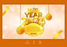 a happy new year landing page with gold balloons and streamers on an orange background