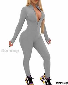 Bormay - Stylish V-Neck Zippered Jumpsuit with Long Sleeves Jumpsuit With Long Sleeves, Zipper Jumpsuit, Jumpsuit Fitted, Collar Jumpsuit, Tank Romper, Long Sleeve Jumpsuit, One Piece Bodysuit, Sleeve Designs, Long Pants