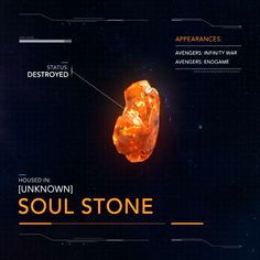 an orange stone with information about it and its description on the back side, in front of a black background