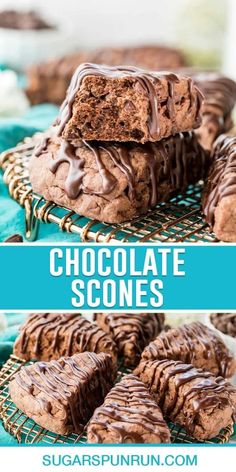 chocolate scones stacked on top of each other with the text overlay above it