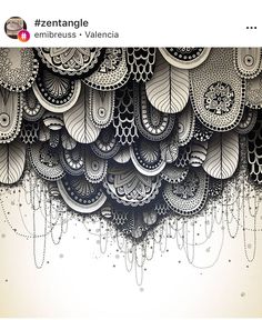 an artistic black and white drawing with lots of feathers on it's back ground