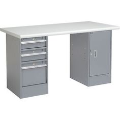 an office desk with drawers and a file cabinet on the top, in front of a white background