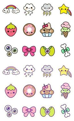 an assortment of cartoon stickers on a white background, including donuts and stars