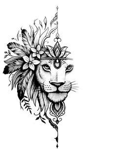 a black and white drawing of a lion wearing a headdress with feathers on it