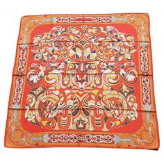 Rare and Gorgeous Authentic Hermès Scarf Print: "FOLKLORE" Designed by Henri d'Origny Vintage scarf and vintage pattern, even more 70's spirit with this lovely orange color Made in France Made of 100% Twill Silk Colorways: Beige, Yellow, Orange, Brown, White "HERMÈS - PARIS ©" - "H. d'Origny" Measurements: around 90 cm square (35 inches) Condition: Very good condition. No hole, no pulled thread. 2 tiny holes made by a brooch and hems unstitched in one place (see 2 last photos) No Hermès Box This Vintage Silk Scarf, Hermes Box, Motif Vintage, Vintage Hermes, Hermes Scarf, Hermes Paris, Vintage Scarf, Orange Brown, Vintage Pattern