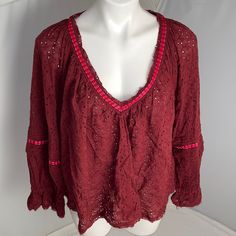 Free People Darcy Eyelet Lace Boho Peasant Blouse. New Without Tags. Burgundy With A Hot Pink Velvet Ribbon Detail Around Neckline And Around Arms. Smoke Free Home. The Person This Belonged To Just Buys Everything From Free People Without Trying On, Rips The Tags Off, It Didn’t Fit, She Gives It To Me To Sell For Her. #Lc Casual Lace Trim Blouse For Festivals, Long Sleeve Crochet Trim Top For Festival, Long Sleeve Tops With Crochet Trim For Festival, Fall Peasant Top With Lace Trim, Red Bohemian Tops With Lace Trim, Bohemian Red Tops With Lace Trim, Red Crochet Top For Fall, Spring Red Tops With Crochet Trim, Vacation Long Sleeve Peasant Top With Lace Trim