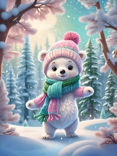 a white bear wearing a pink hat and scarf standing in the snow with trees behind it