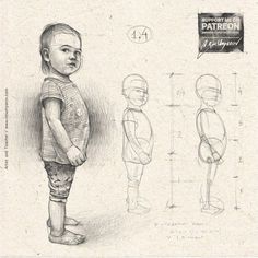 a drawing of a little boy standing in different positions