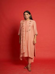 Rosy - Peach Rose Embroidered Cotton Silk Kurta Set (Set of 3) By Priti Prashant now available at Trendroots Pink Embroidered Cotton Silk Palazzo Set, Pink Embroidered Palazzo Set In Cotton Silk, Pink Embroidered Slub Silk Set, Embroidered Chanderi Pant Set, Chanderi Pant Set With Floral Embroidery, Festive Cotton Silk Pant Set With Chikankari Embroidery, Traditional Pink Pant Set With Traditional Drape, Designer Anarkali Pant Set With Floral Embroidery, Festive Semi-stitched Pant Set With Floral Embroidery