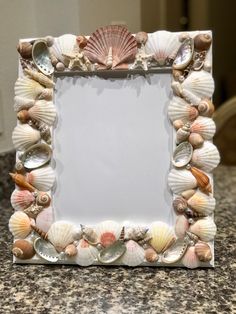 a frame made out of seashells on a counter