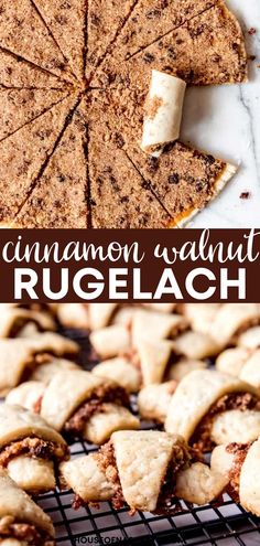 cinnamon walnut rugelach on a cooling rack with the text overlay above it