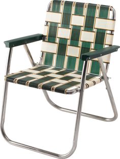 a green and white lawn chair sitting on top of a metal frame with checkered seat cover