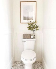 a white toilet sitting in a bathroom next to a framed picture and plant on the wall