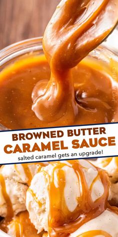 caramel sauce being drizzled over ice cream